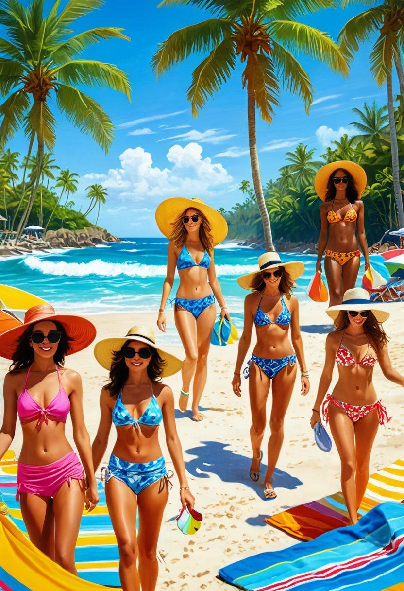 A vibrant scene showcasing a sunny beach with stylish individuals flaunting the latest summer fashion trends, including colorful swimsuits, wide-brimmed hats, and trendy sunglasses. The ocean waves crash in the background, and palm trees sway gently in the breeze. Include beach accessories like towels and flip-flops scattered around for added flair. Capture the essence of joy and relaxation in a bright and lively color palette. super-realistic. vibrant colors. tropical theme.